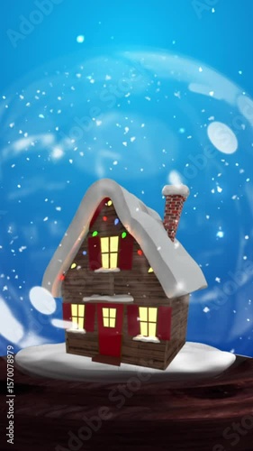 Animation of snowflakes and snow ball with house on blue background