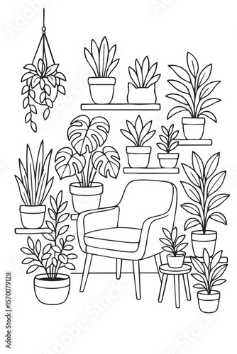 Cozy armchair surrounded by potted houseplants on shelves and stands. Perfect minimalist coloring page. 