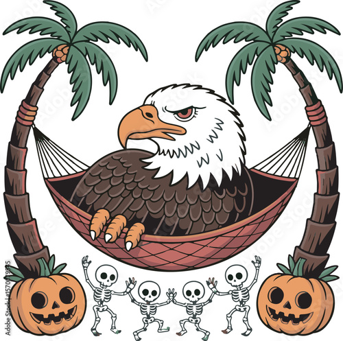 Bald eagle relaxing in a hammock between palm trees with dancing skeletons and pumpkins tropical