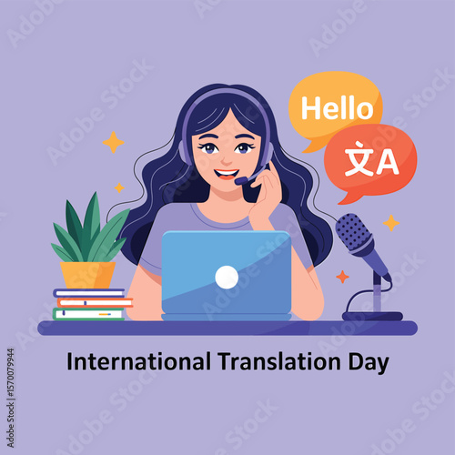 International Translation Day Vector Illustration Woman with Headset, Laptop, Microphone