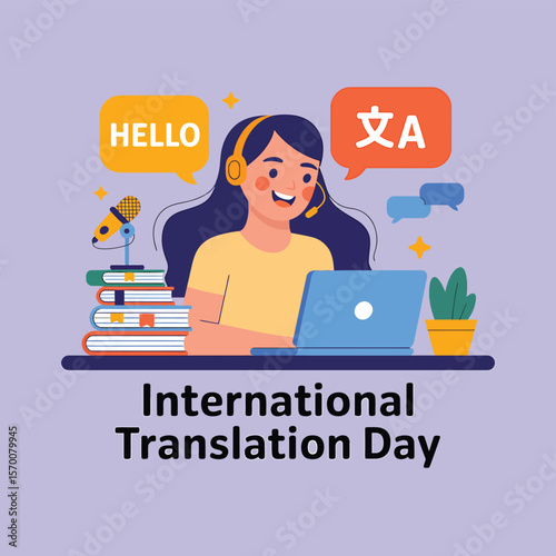 International Translation Day Vector Graphic Woman with Headset, Laptop, and Speech Bubbles Displaying "Hello" and Chinese Characters