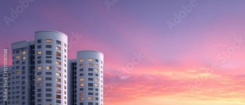 Modern high-rise residential buildings with illuminated against colorful sunset sky, urban cityscape, contemporary architecture, residential towers
