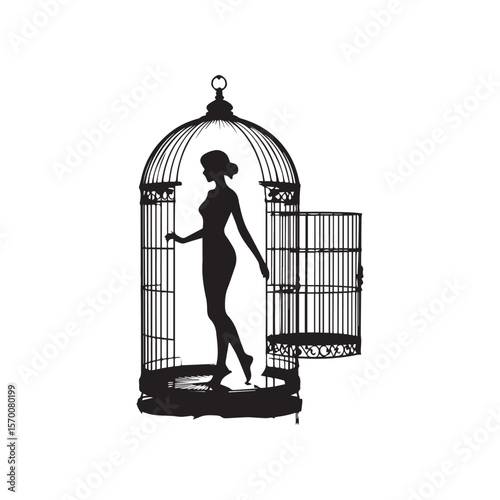 Black silhouette illustration of people, a woman, girl, and man in a cage, depicting a stark shadow art figure