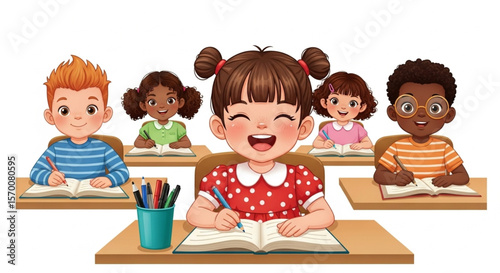  Flat Design Illustration of Happy Girl in Classroom Learning