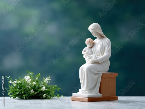 Peaceful sculpture of a mother holding her child sitting on a wooden bench with greenery in the background and a flower arrangement on the ground