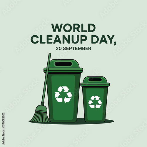 Vector Illustration for World Cleanup Day Featuring Green Trash Cans with Recycling Symbols and a Broom, Promoting Environmental Awareness and Community Involvement.