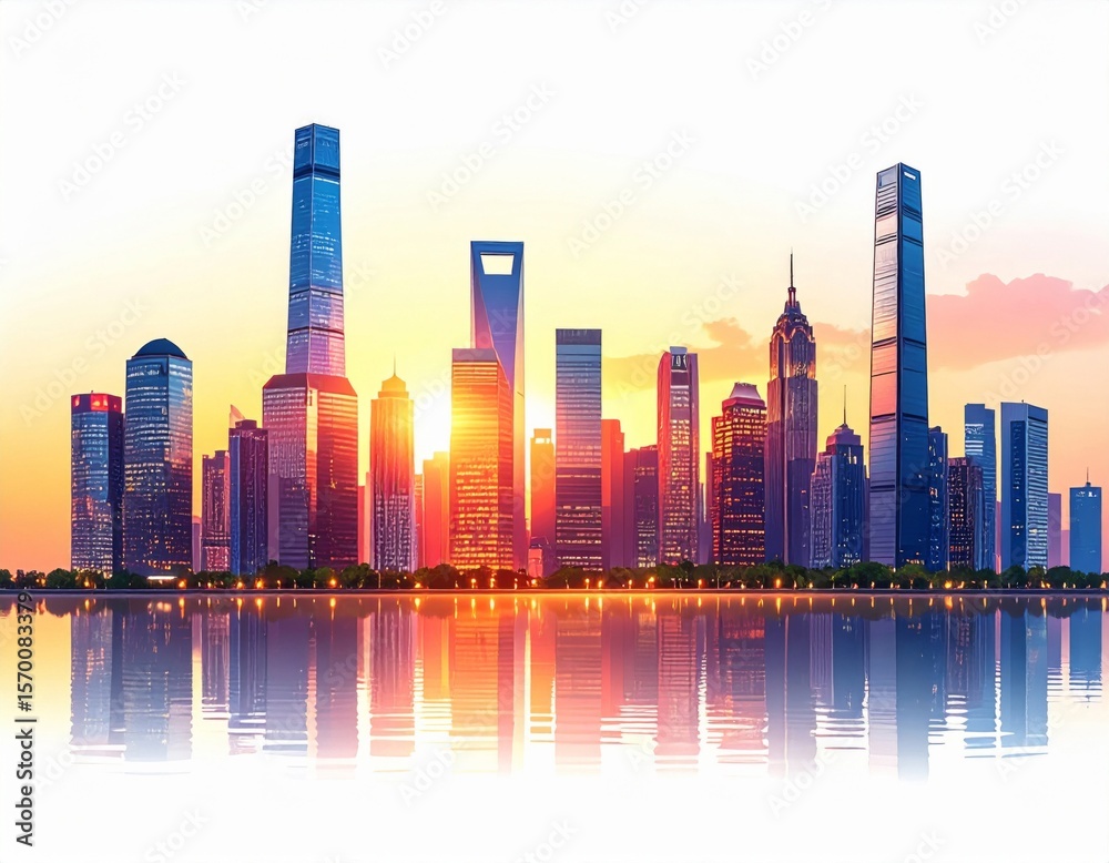 Fototapeta premium Vibrant City Skyline at Sunrise with Water Reflection