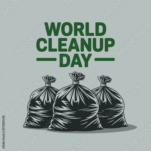 Vector Illustration for World Cleanup Day Featuring Three Full Trash Bags on a Gray Background, Promoting Environmental Awareness and Community Involvement in Waste Management.