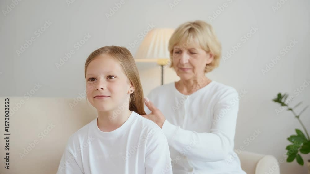 A tender close-up of a grandmother brushing her granddaughters hair. A timeless gesture of love and care that stands in contrast to the fast pace of screen-based interaction. High quality 4k footage