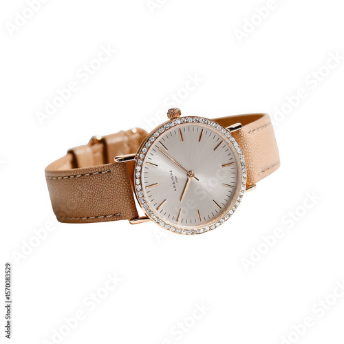 Elegant rose gold women s watch with sparkling crystal bezel and tan leather strap isolated on transparent background