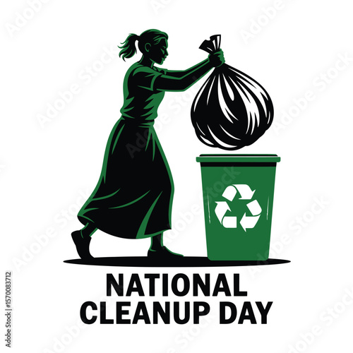 Vector Graphic of a Woman Disposing of Trash in a Green Recycling Bin for National Cleanup Day, Promoting Environmental Awareness and Community Involvement in Waste Management.