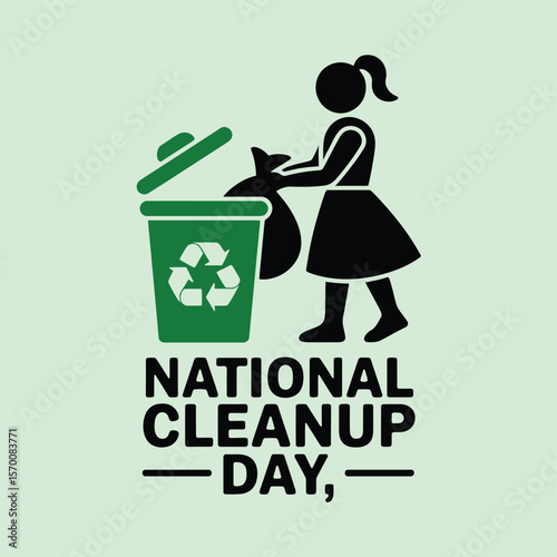 National Cleanup Day Vector Graphic Girl Disposing of Trash in Green Recycle Bin, Promoting Environmental Awareness and Community Involvement for a Cleaner Planet Initiative.