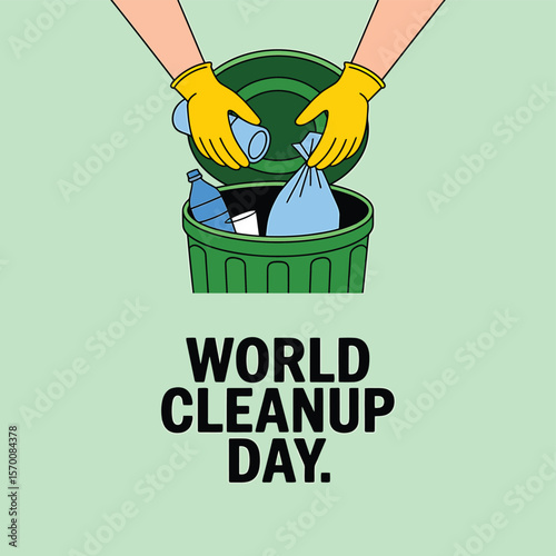 Hands in Yellow Gloves Tossing Trash Bags into Green Bin for World Cleanup Day, Promoting Environmental Awareness and Community Involvement in Waste Management and Recycling Efforts