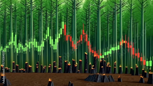 Economic volatility, illustrated with stock market charts over forest and deforestation images for an ecological finance concept.