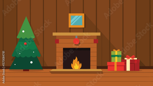 Cozy Wooden Paneled Room with a Christmas Tree and Presents