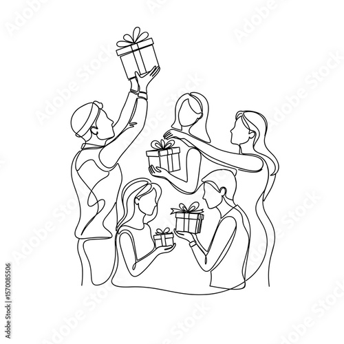 Group of people celebrating and exchanging gifts in line art style  