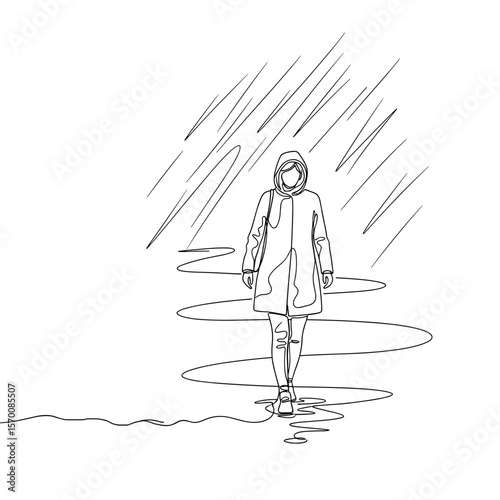 Line art of a person walking in the rain wearing a raincoat  