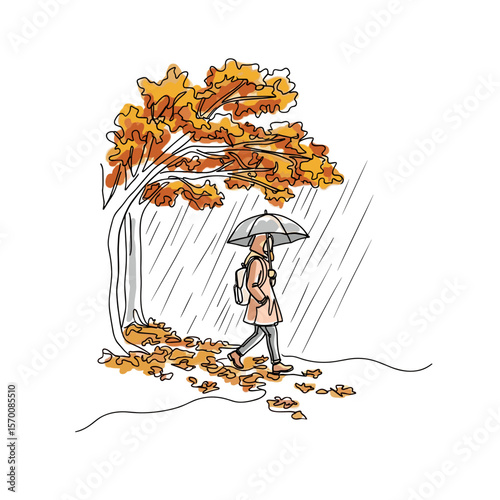 Woman walking under umbrella on rainy autumn day by tree  