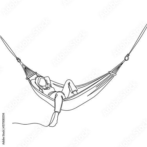 Person relaxing in hammock with arms behind head in summer  