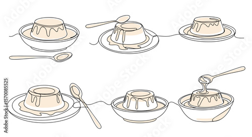 Pudding dessert serving process in minimalistic illustration style  