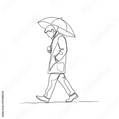 Man walking with umbrella in rain while looking down casually  