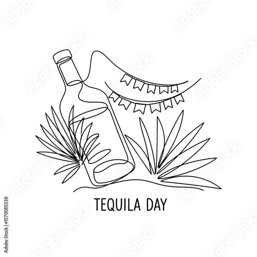 Tequila bottle with decorative flags and agave plants for Tequila Day  