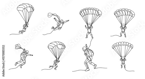 Parachutists performing various maneuvers in black and white sketch  