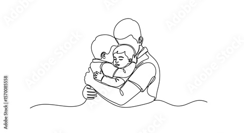 Father embracing two children in simple line art illustration  