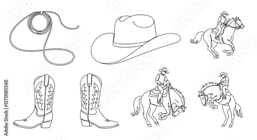 Cowboy elements including hat, boots, rope, and horse riders  