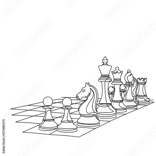 Black and white chess pieces on checkerboard in detailed outline  