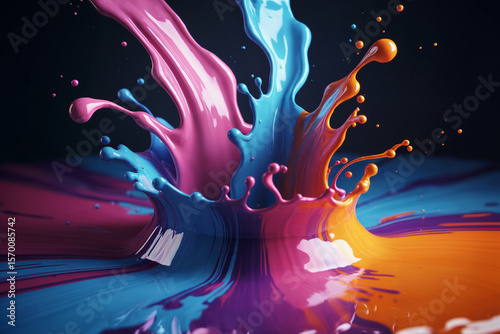 A dynamic splash of three colors - pink, light blue, and orange - against a black background.