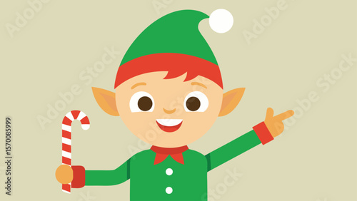 Friendly Elf Holding Candy Cane Pointing Christmas Holiday Helper