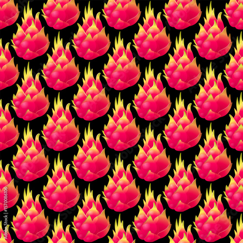 Seamless exotic dragon fruit pattern with vivid pink red pitaya and yellow flame like leaves on black background perfect for tropical packaging summer fabric and healthy food designs