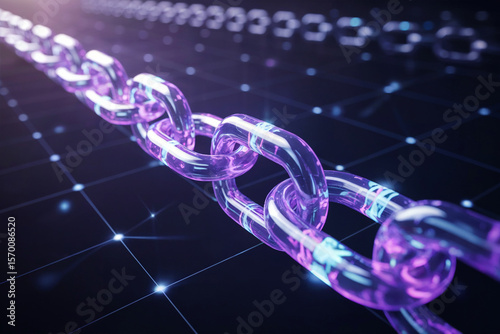 A digital illustration of a glowing blockchain chain in purple and blue neon colors against a dark background. 