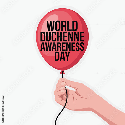 World Duchenne Awareness Day Graphic Hand Holding a Red Balloon with Text Promoting Awareness for Duchenne Muscular Dystrophy, a Genetic Disorder Affecting Muscles.
