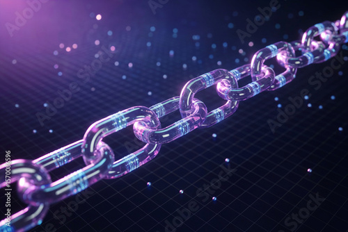 A digital illustration of a glowing blockchain chain against a dark purple and blue background. The chain is made of translucent glass-like material with a metallic sheen