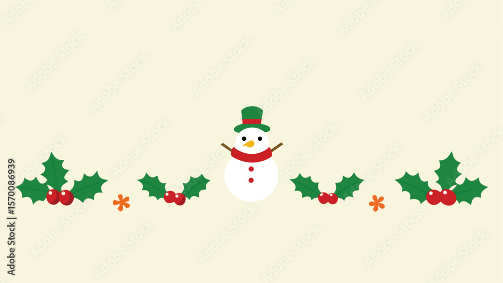 Fototapeta premium Holly Leaves Berries Border Cream Background Christmas Design Element