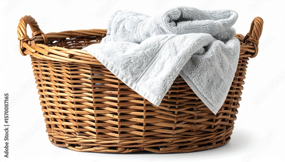 Obraz premium Gray Towel in Brown Wicker Laundry Basket