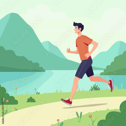 Young man jogging by the lake, energetic mood, beautiful landscape, copy space