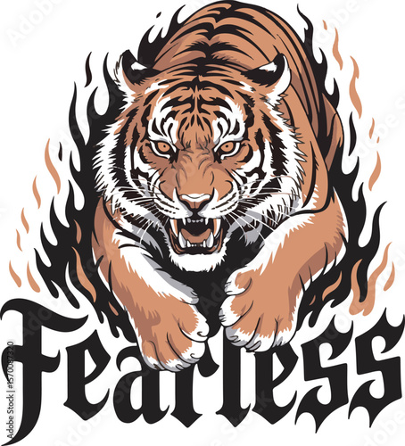 Fierce tiger roaring with flames and the word fearless in gothic font fire animal