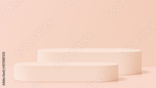 Two empty oval product display podiums with a pastel beige background. Minimalist geometric pedestal scene for cosmetic product showcase.