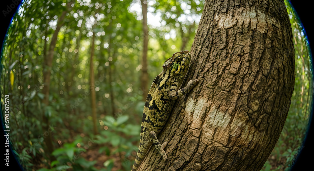Obraz premium Chameleon Camouflage Mastery Reptile Blending Into Tree Trunk Nature Wildlife