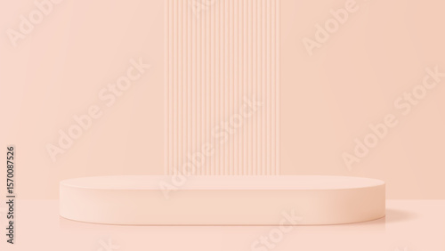 Empty cylindrical podium product display, minimalist stage. Vector 3D abstract scene, beige smooth color mockup for cosmetic stand design.