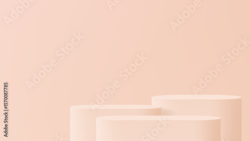 Beige three-step podium on a light background. Minimalist geometric stage for product display. Studio showroom for cosmetic advertisement.