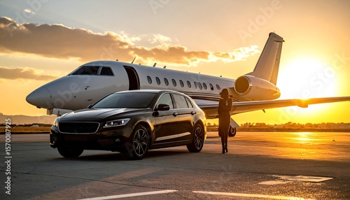 Private jet and car at sunset