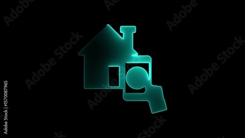 Neon Smart Home Icon, Glowing House with hand Signal, Futuristic Connected Home, Cyber Smart Home Technology, Digital Home Automation . outline of building landmarks icons .
