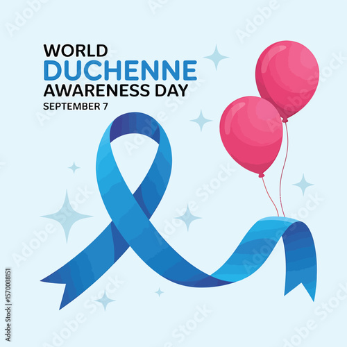 World Duchenne Awareness Day Vector Graphic Blue Ribbon Symbolizing Support and Hope, Accompanied by Pink Balloons Against a Soft Blue Backdrop, Raising Awareness for Duchenne.