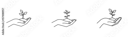 Three Variations of Outline Vector of a Hand Holding a Plant Sprout, Symbolizing Growth, Life, Sustainability, or Care