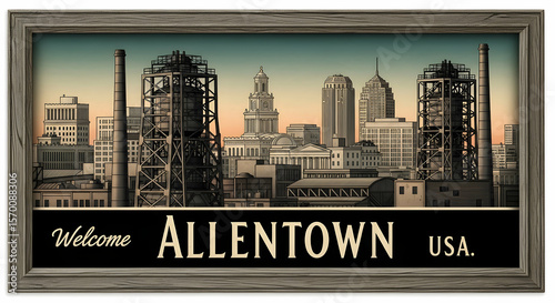 Allentown Pennsylvania Skyline Framed Retro Poster In Neutral Palette
