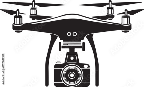 Vector silhouette of a drone with a camera attached, isolated on white background, flat style suitable for tech photography theme.